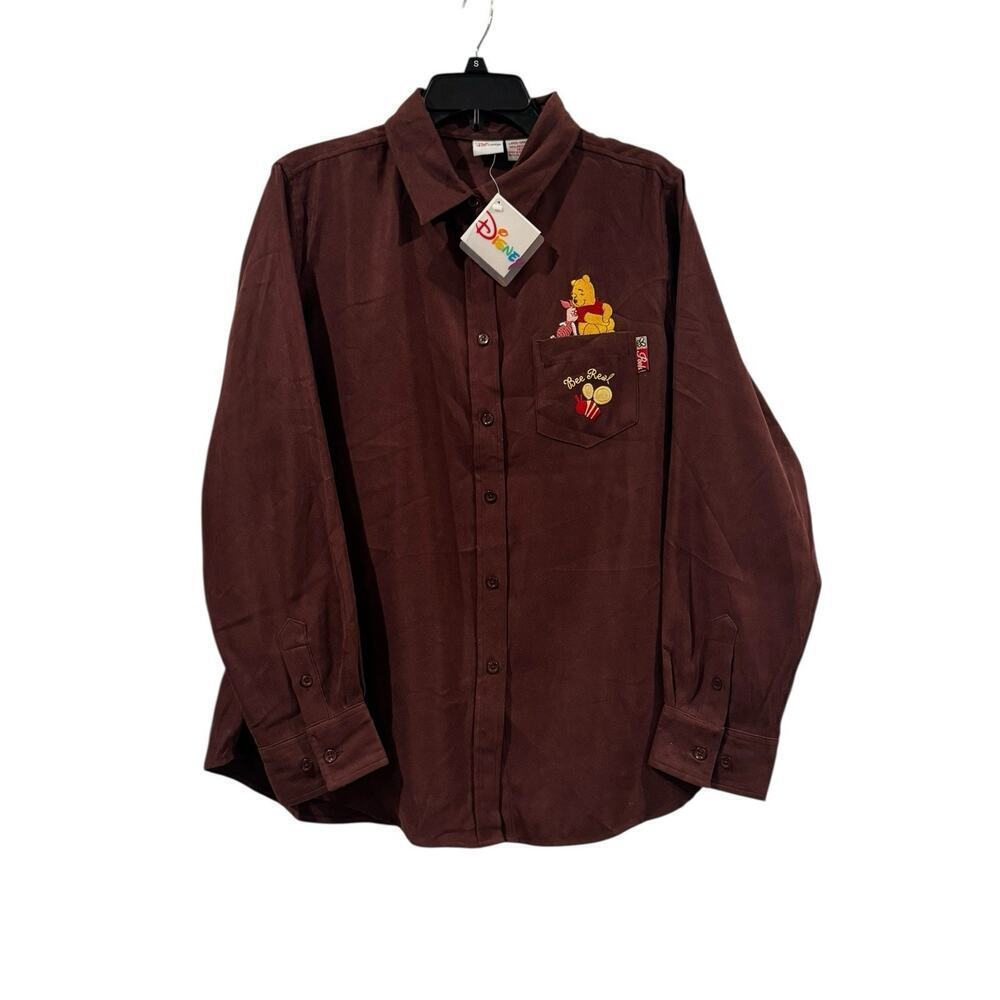 Vintage Disney Winnie the Pooh Shirt L Brown Button Down Embroidered Piglet Bee